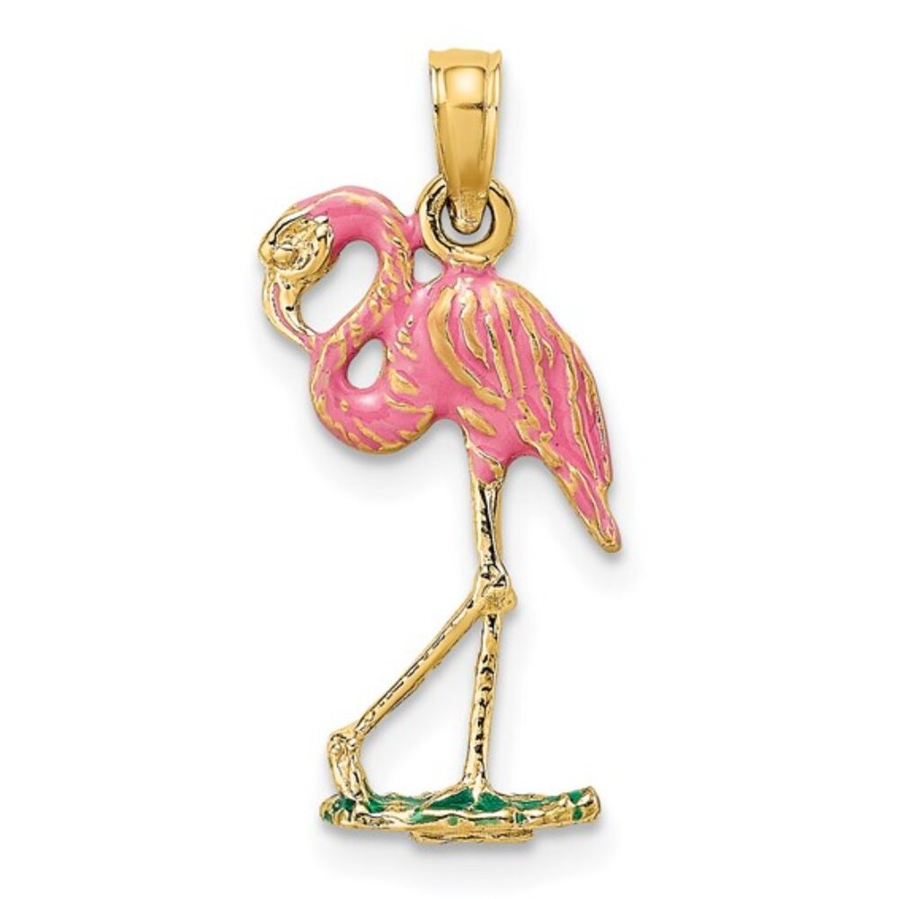 10k Yellow Gold 3-D Pink Enamel Small Flamingo Bird Necklace Charm Pendant